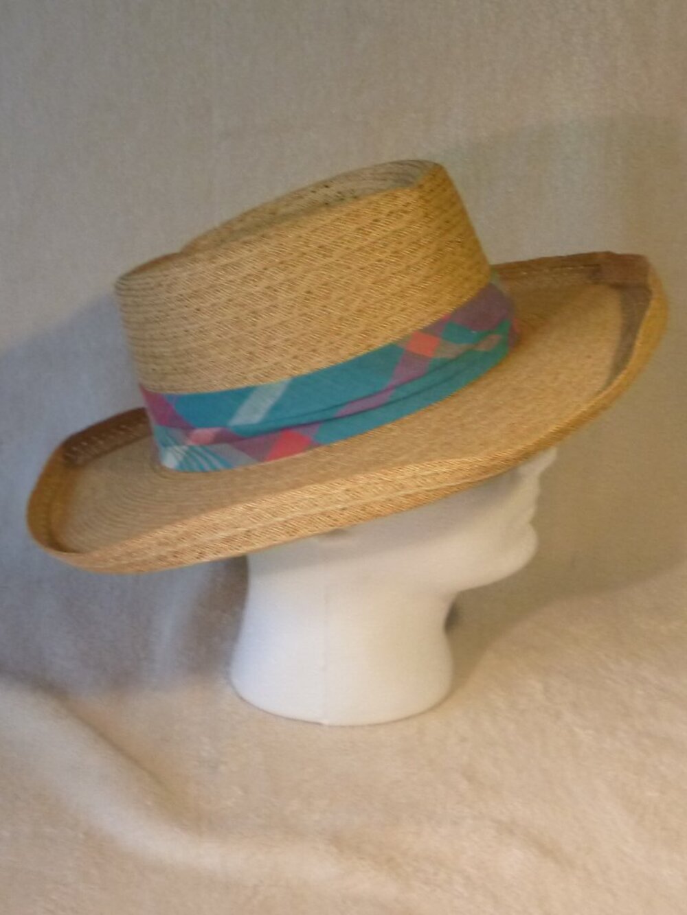 Vintage Made in USA Straw Fedora Sun Hat Size 7 ⅜ Pastel Plaid Band